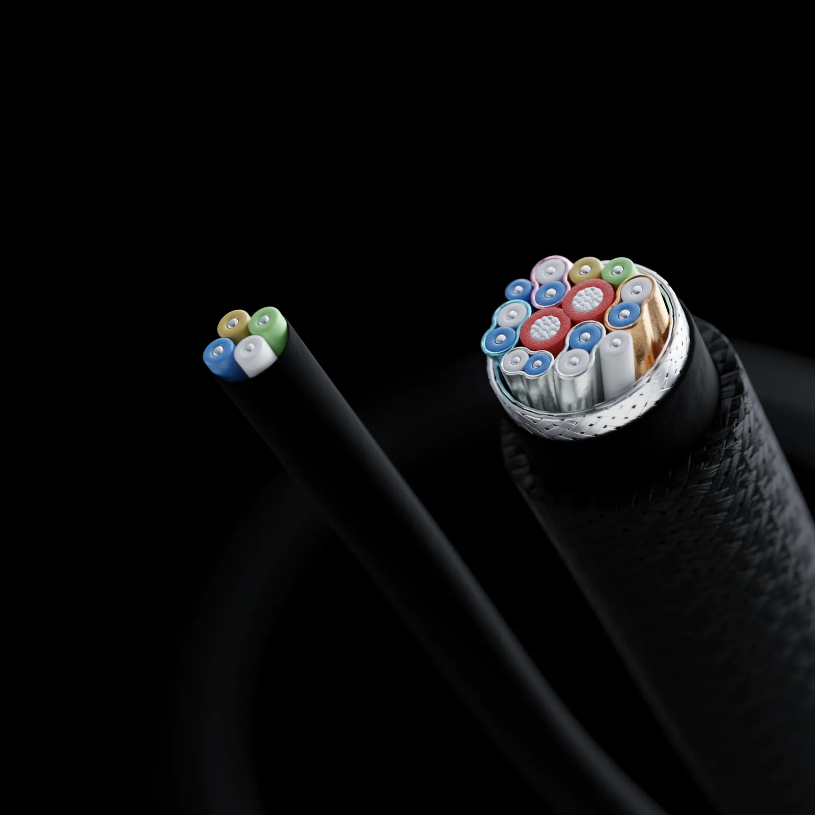 Cutaway of a thin four-wire USB 2.0 cable beside the fully wired Creator Cable