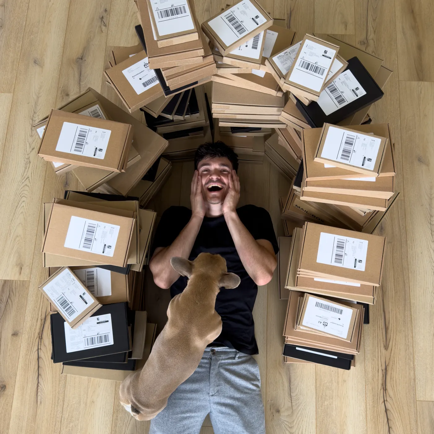 Felix on the floor among shipping boxes with his dog