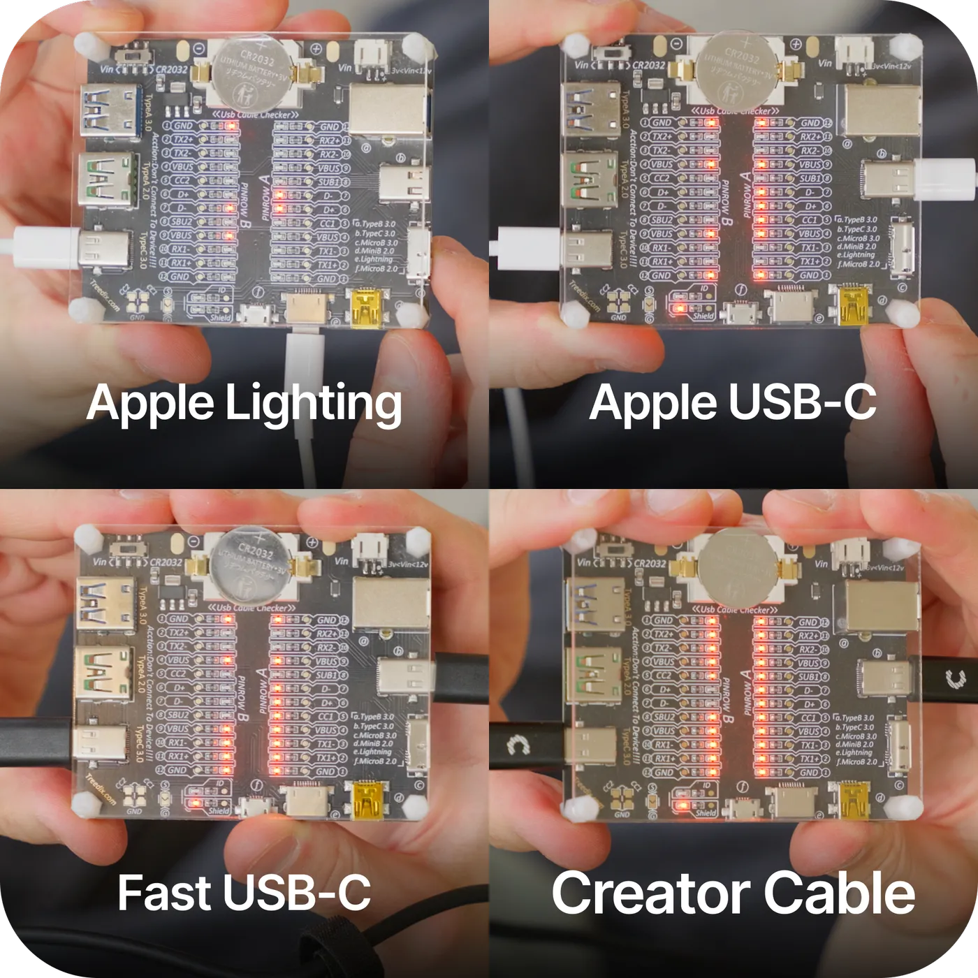 Test boards with lights for Apple Lightning, Apple USB-C, fast USB-C and the Creator Cable with every light on